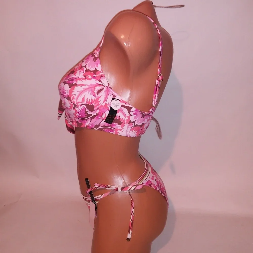 Victoria Secret Swim Bikini 34DD Top Small Cheeky Bottom Pink Floral Push Up New